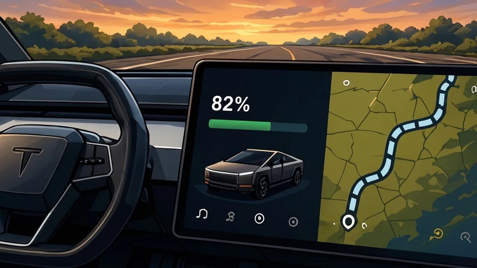 Cybertruck dashboard showing battery, route map, and the open road