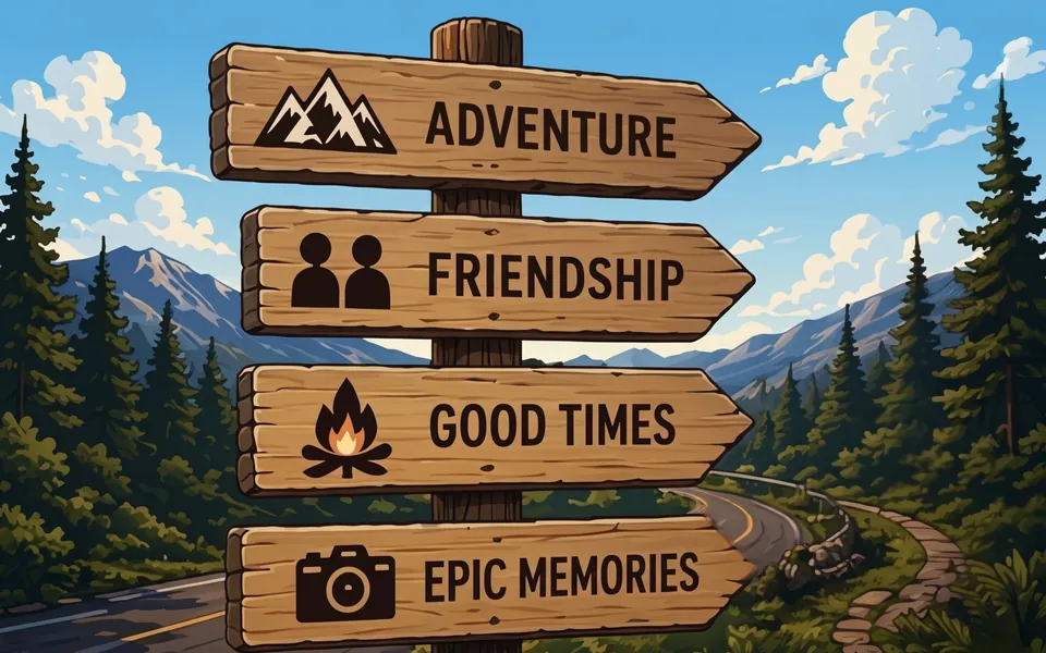 Wooden signposts pointing to Adventure, Friendship, Good Times